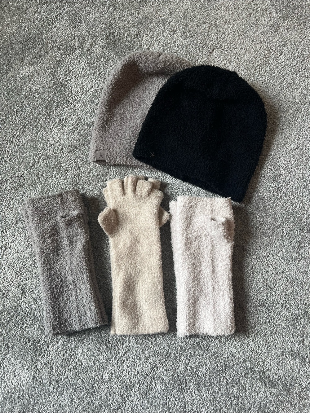 Barefoot Dreams Cozy Beanie and Fingerless Glove Set in Black, Taupe, Cream